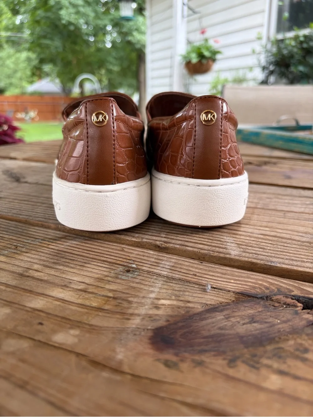Michael Kors Women’s Brown Croc-Embossed Slip-On Sneakers with White Sole
